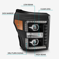 Thumbnail for AlphaRex 11-16 Ford F-250 SD PRO-Series Projector Headlights Plank Style Design Black w/Seq Signal