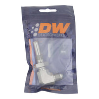 Thumbnail for DeatschWerks 6AN Male Flare to 90-Degree 3/8in Single Hose Barb - Anodized DW Titanium