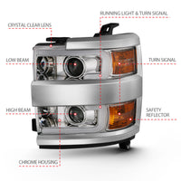 Thumbnail for ANZO 2015-2016 Chevrolet Silverado Projector Headlights w/ Plank Style Design Chrome w/ Amber