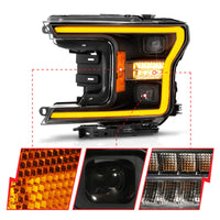 Thumbnail for ANZO 18-20 Ford F-150 (w/o Fctry LED) Full LED Proj Headlights w/Light Bar Swtchbk Seq. Black w/Init