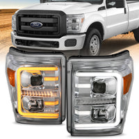Thumbnail for ANZO 11-16 Ford F-250/F-350/F-450 Projector Headlights w/ Plank Style Switchback Chrome w/Amber