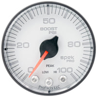Thumbnail for Autometer Spek-Pro 2 1/16in 100PSI Stepper Motor W/Peak & Warn White/Black Boost Gauge