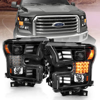 Thumbnail for ANZO 15-17 Ford F-150 Project Headlights w/ Plank Style Design Black w/ Amber Sequential Turn Signal