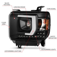 Thumbnail for ANZO 2014-2015 Gmc Sierra 1500HD Projector Plank Style Headlight Black W/ Drl