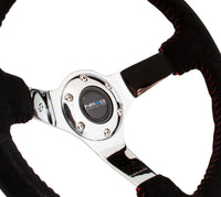 Thumbnail for NRG Reinforced Steering Wheel (350mm / 3in. Deep) Blk Suede w/Red BBall Stitch & Chrome 3-Spoke